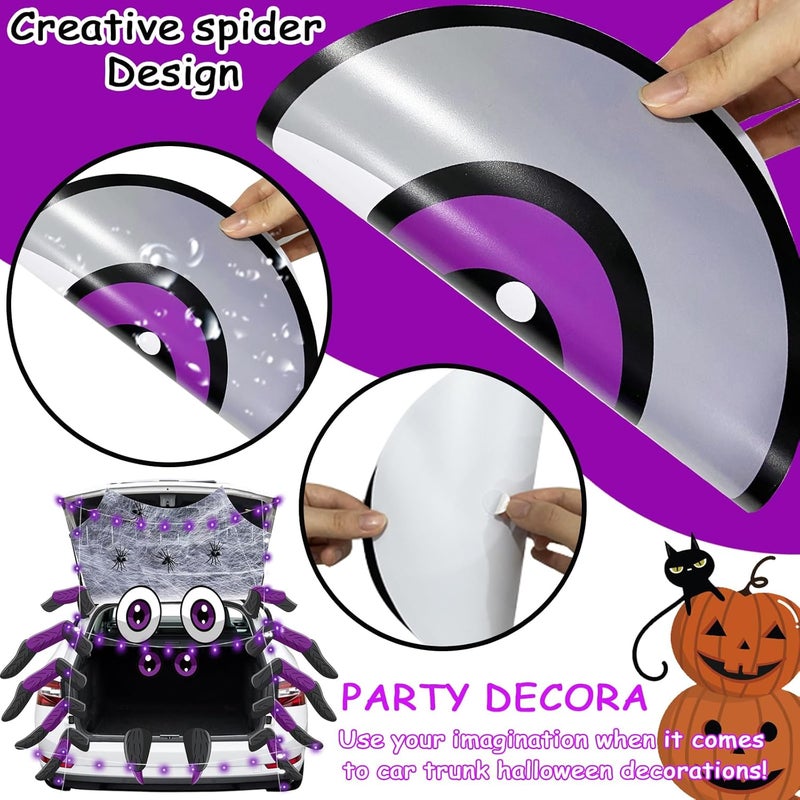 HEORIM Halloween Trunk Or Treat Car Decorations Kit, 19Pcs Spider Design Stickers with Spider Web and LED Lights, Trunk or Treat Decorations for SUV Garage Door Entryway Archway Party Supplies - Image 4